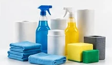 Cleaning sprays, microfiber towels and sponges