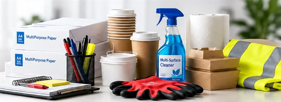 Printer paper, pens, coffee cups, takeaway boxes, cleaning spray, paper towels, safety gloves and a high-visibility vest