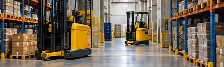 Warehouse with storage shelves and forklifts